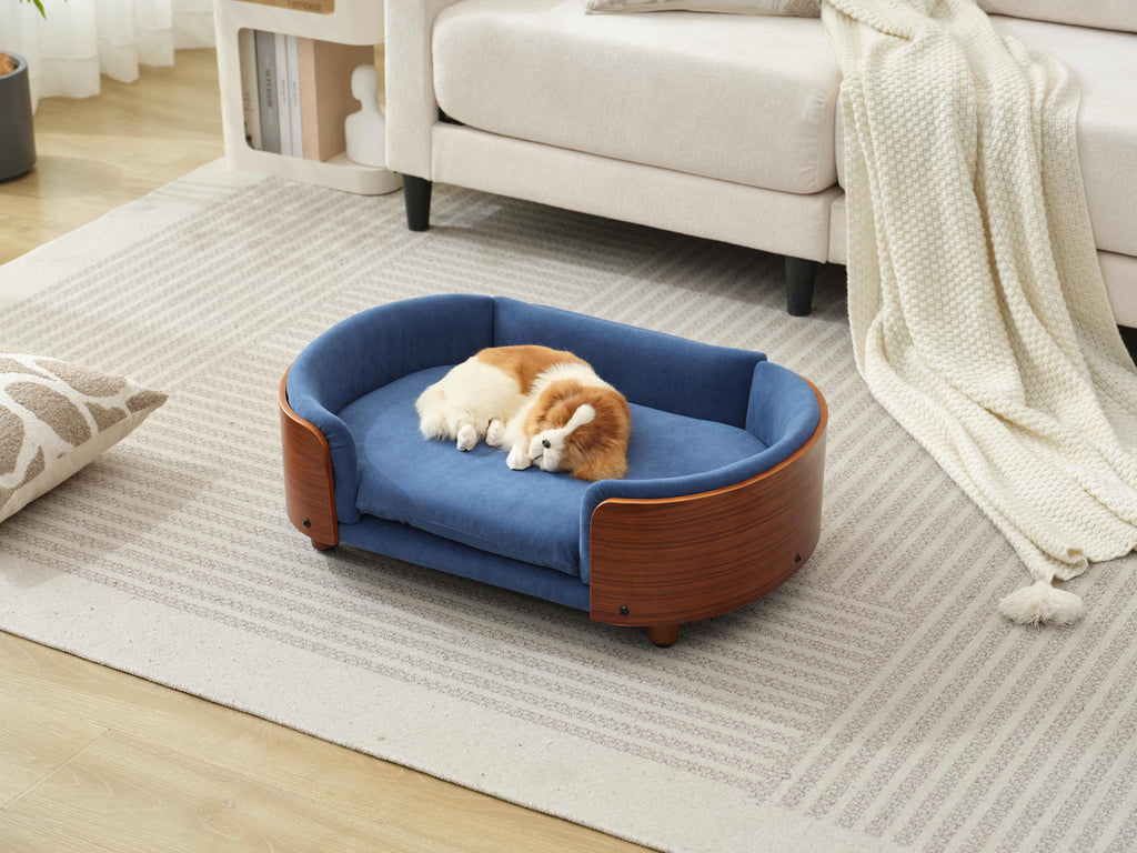 Scandinavian Style Elevated Dog Bed Pet Sofa Velvet Dark Blue Small Size