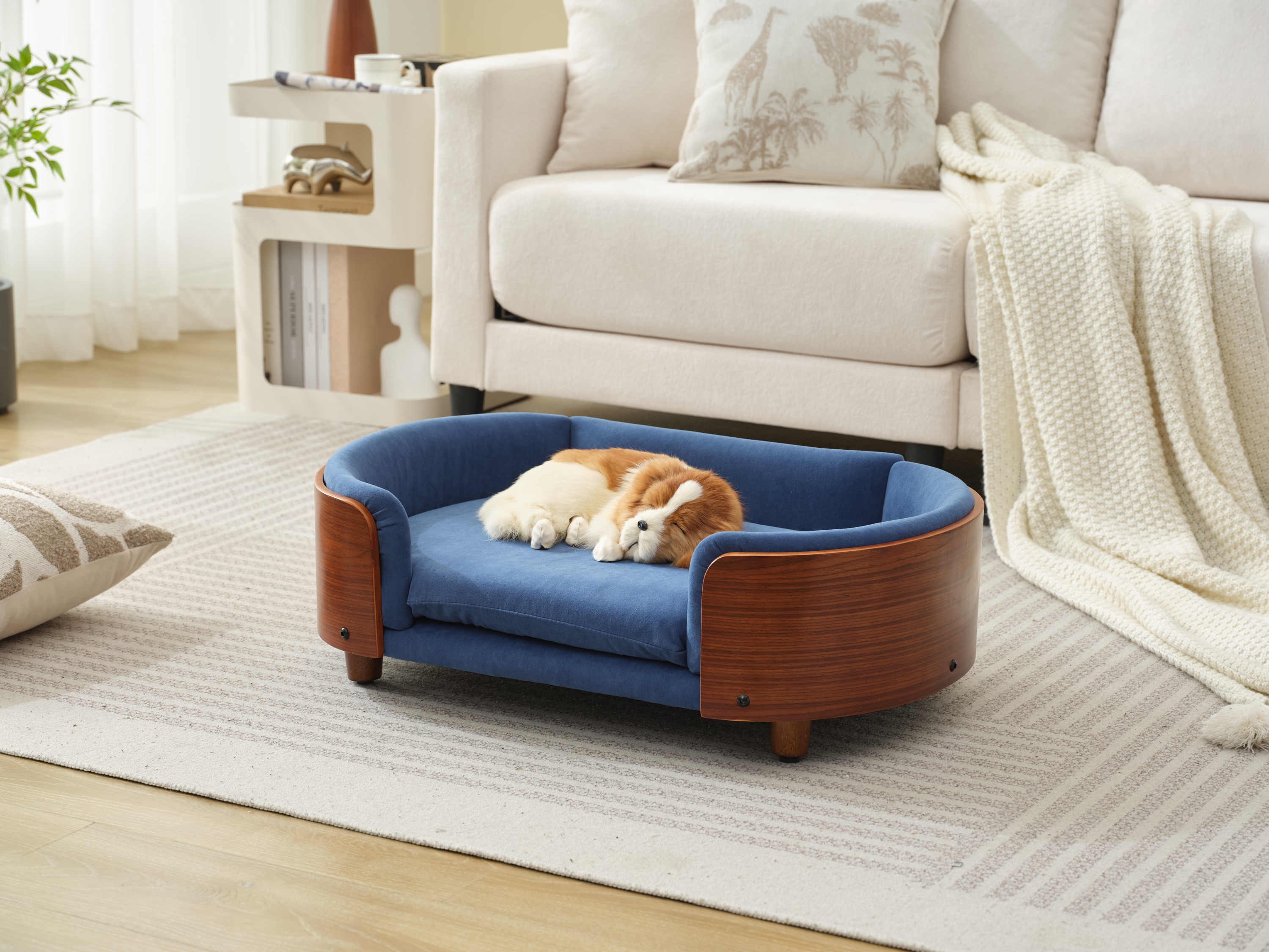Scandinavian Style Elevated Dog Bed Pet Sofa Velvet Dark Blue Small Size